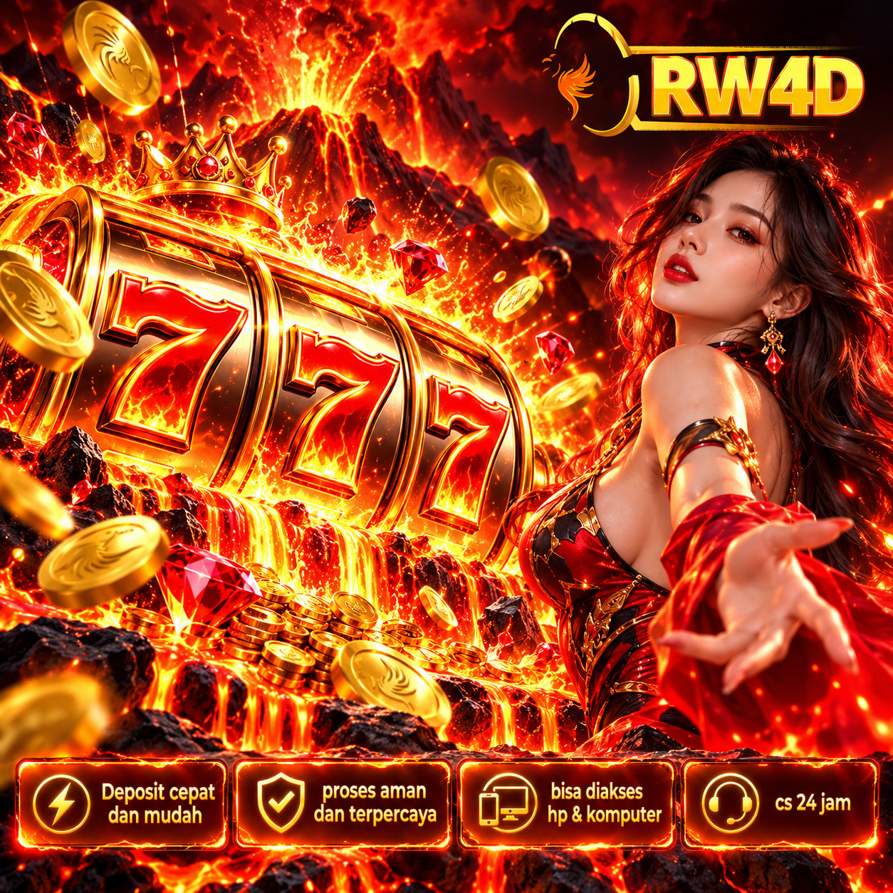 Ilustrasi RW4D: lanskap lava, emblem phoenix, dan angka merah keemasan